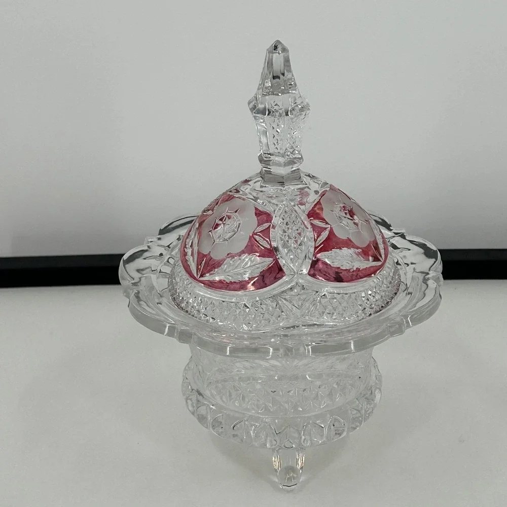 Vintage Footed Glass Candy Dish with Cranberry Flash Rose Lid Clear Pressed Bowl